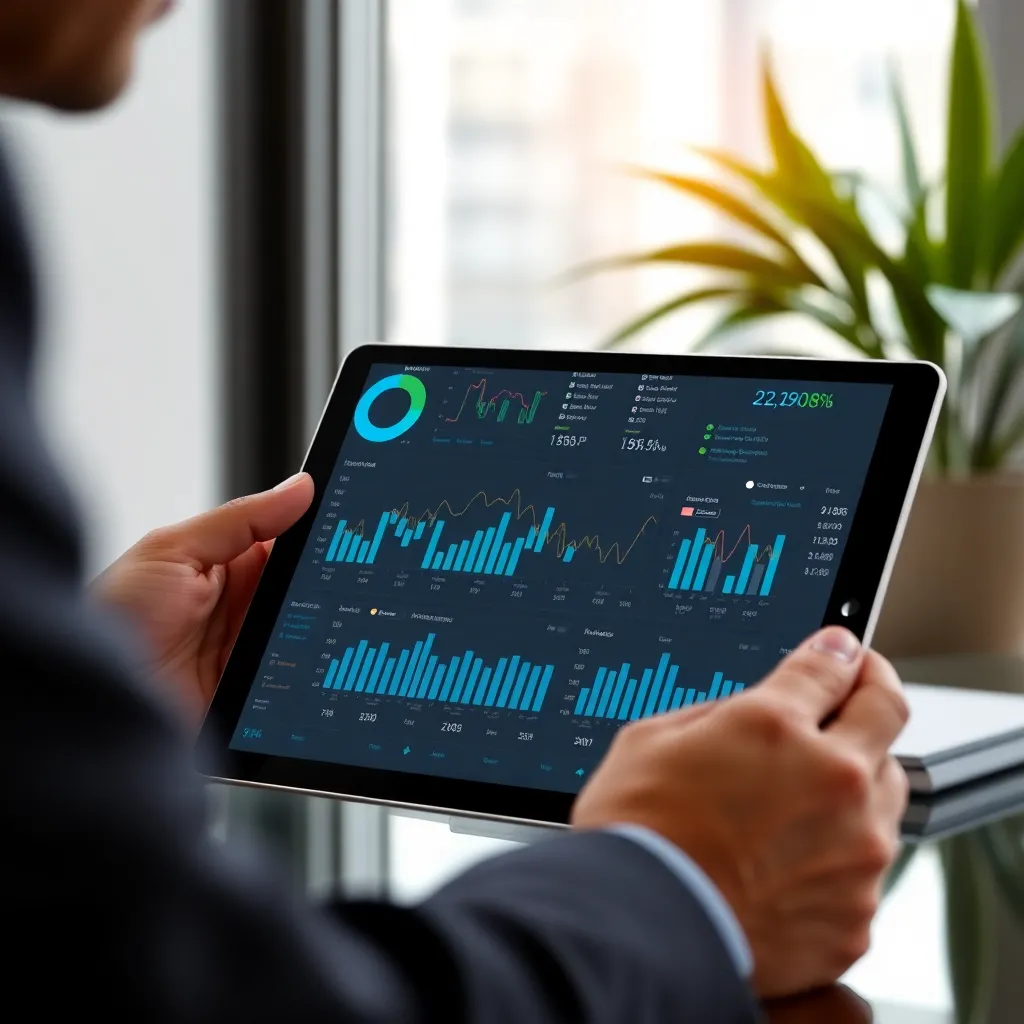 Yapay zeka destekli finansal analiz yapan işletme yöneticisi tablet kullanırken